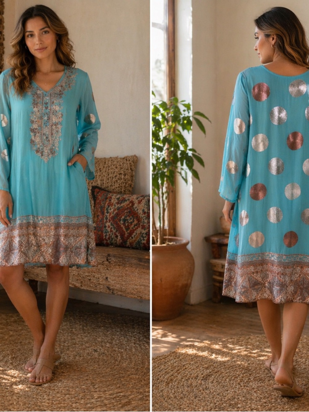 Boho Embroidered Tunic Dress | Metallic Detail | Flowy Boutique Style